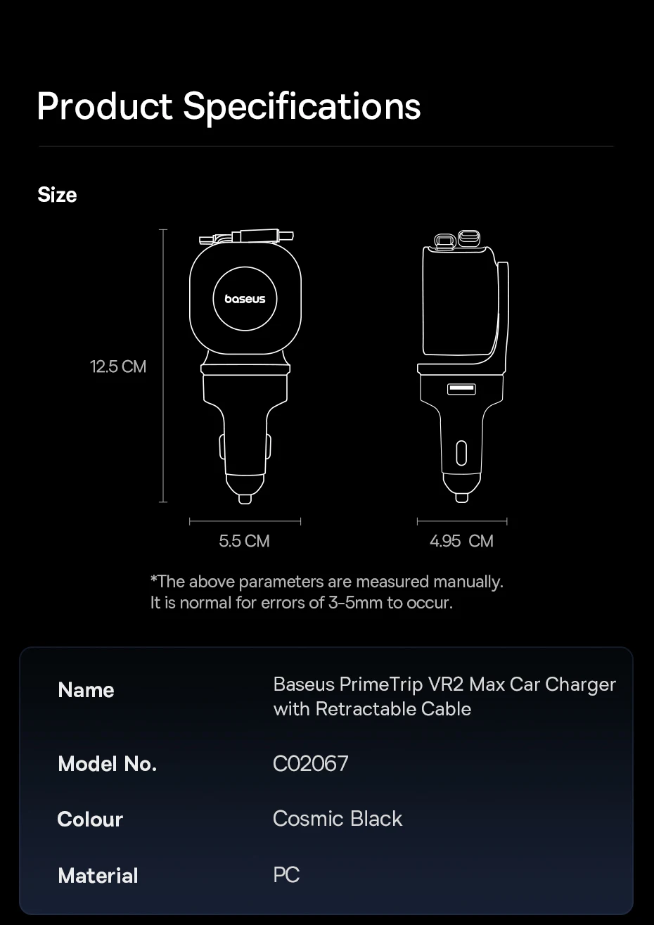 Baseus 240W Car Charger 4 Ports Built in Retractable Cable Fast Charging USB Type-C Car Phone Charger For Samsung iPhone Xiaomi
