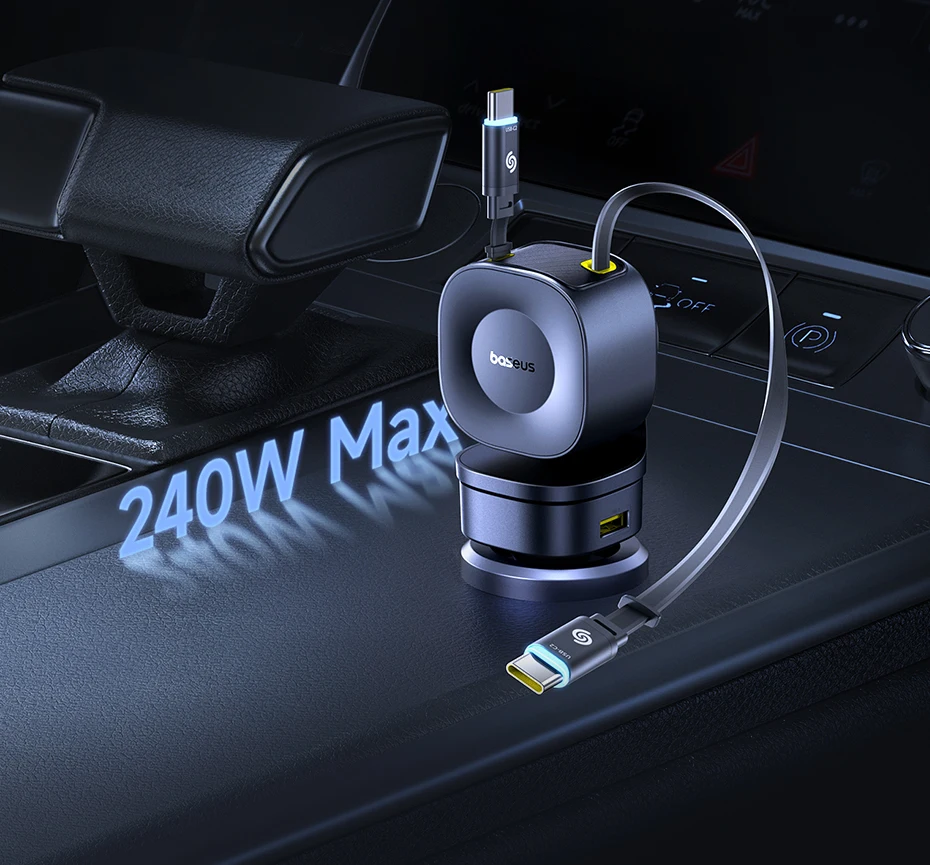 Baseus 240W Car Charger 4 Ports Built in Retractable Cable Fast Charging USB Type-C Car Phone Charger For Samsung iPhone Xiaomi