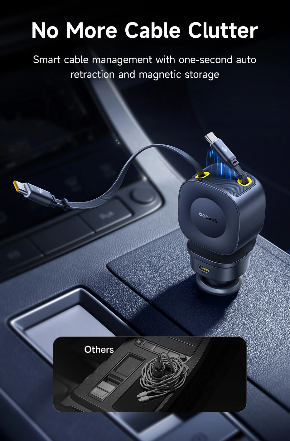 Baseus 240W Car Charger 4 Ports Built in Retractable Cable Fast Charging USB Type-C Car Phone Charger For Samsung iPhone Xiaomi