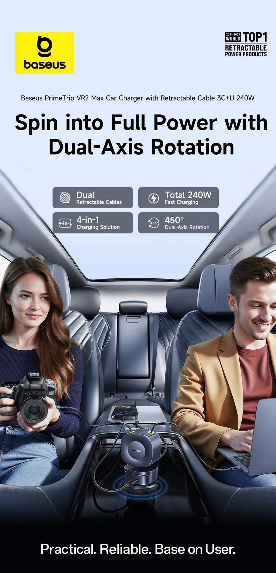 Baseus 240W Car Charger 4 Ports Built in Retractable Cable Fast Charging USB Type-C Car Phone Charger For Samsung iPhone Xiaomi