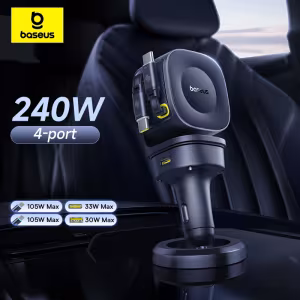 Baseus PrimeTrip VR2 Max 240W Car Charger with Retractable Cable 4 Port Fast Charging USB Type-C
