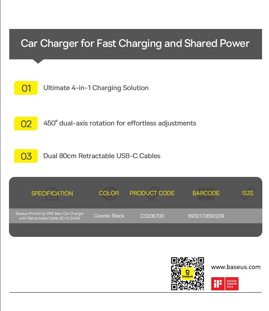 Baseus 240W Car Charger 4 Ports Built in Retractable Cable Fast Charging USB Type-C Car Phone Charger For Samsung iPhone Xiaomi