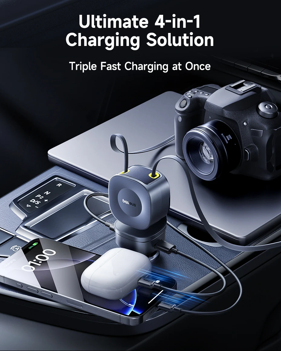 Baseus 240W Car Charger 4 Ports Built in Retractable Cable Fast Charging USB Type-C Car Phone Charger For Samsung iPhone Xiaomi
