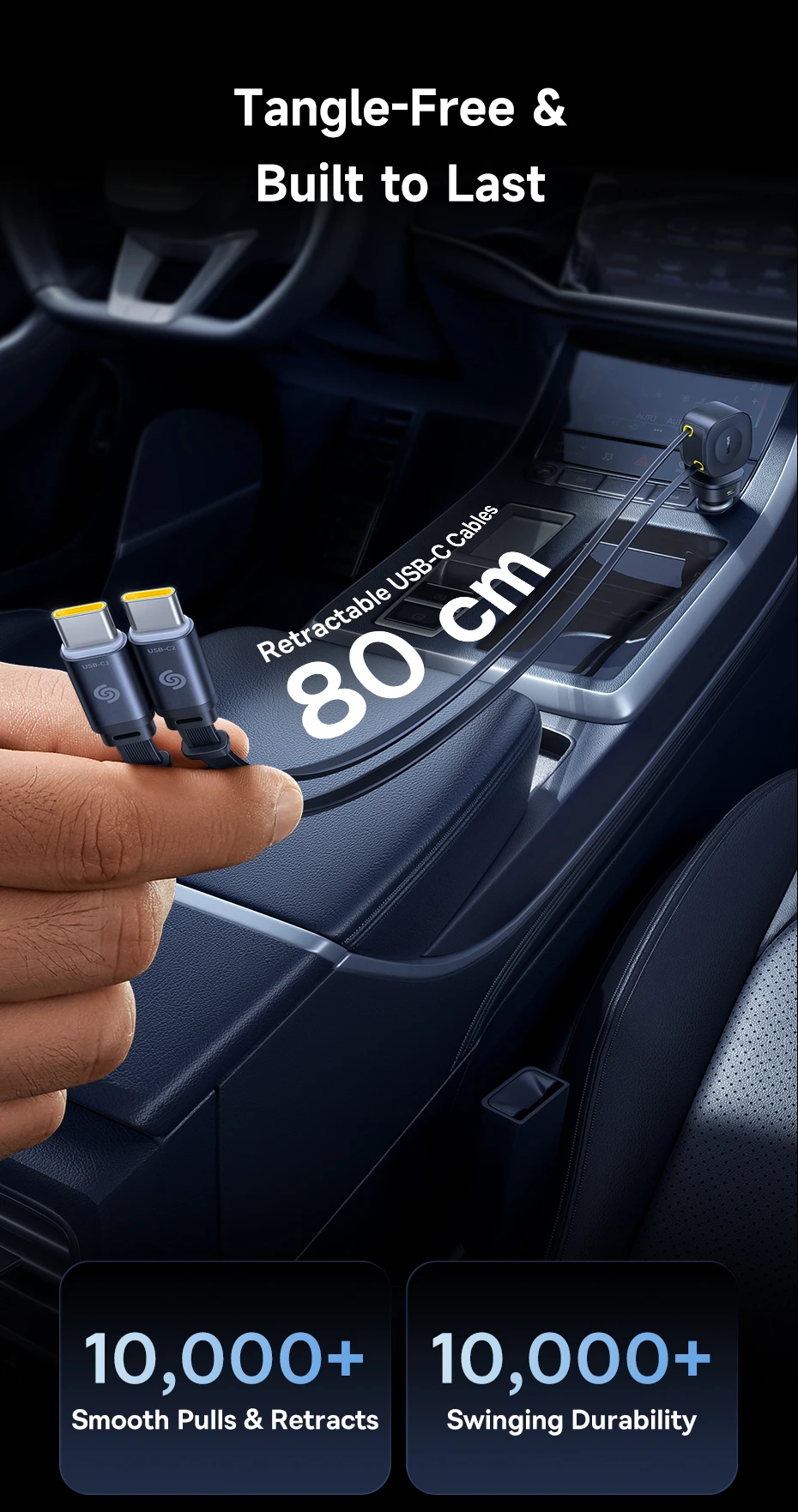 Baseus 240W Car Charger 4 Ports Built in Retractable Cable Fast Charging USB Type-C Car Phone Charger For Samsung iPhone Xiaomi