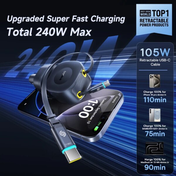 Baseus PrimeTrip VR2 Max 240W Car Charger with Retractable Cable 4 Port Fast Charging USB Type-C - Image 2