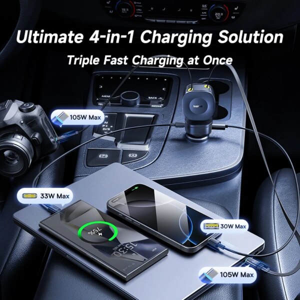 Baseus PrimeTrip VR2 Max 240W Car Charger with Retractable Cable 4 Port Fast Charging USB Type-C - Image 3