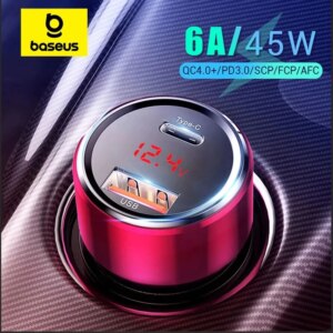 Baseus 45W Dual USB Car Charger Fast Charging QC3.0 QC4+ PD3.0 with Digital Display