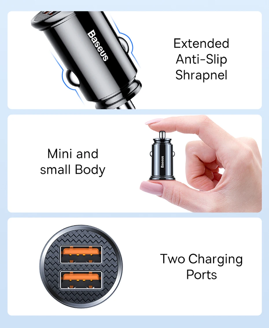 Baseus 30W USB Car Charger Quick Charge 4.0 3.0 FCP SCP USB PD For Xiaomi iPhone16 15 14 Pro Max Fast Charging Car Phone Charger