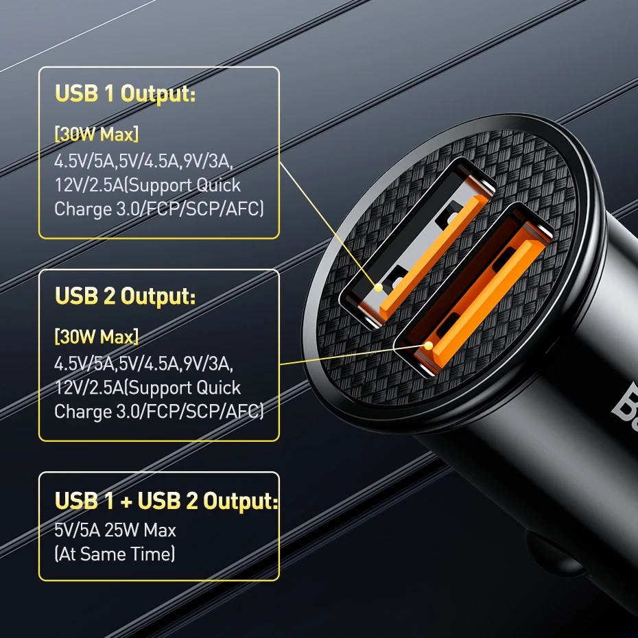 Baseus 30W USB Car Charger Quick Charge 4.0 3.0 FCP SCP USB PD For Xiaomi iPhone16 15 14 Pro Max Fast Charging Car Phone Charger