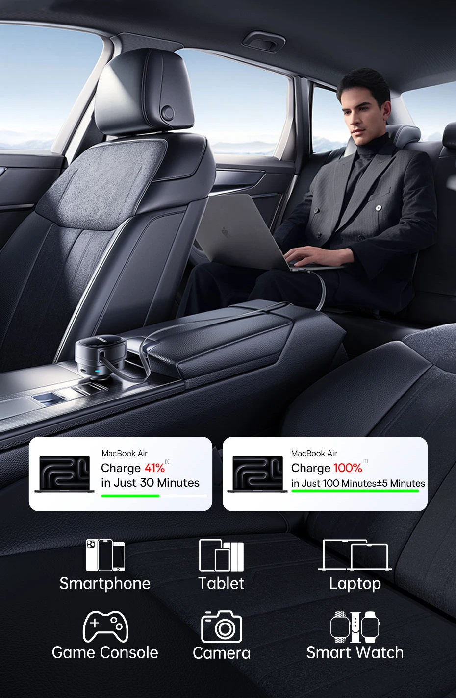 Baseus 60W Car Charger 45W Retractable Cable Fast Charging 3 Ports 180° Rotating Car Phone Charger For Laptop iPhone Samsung