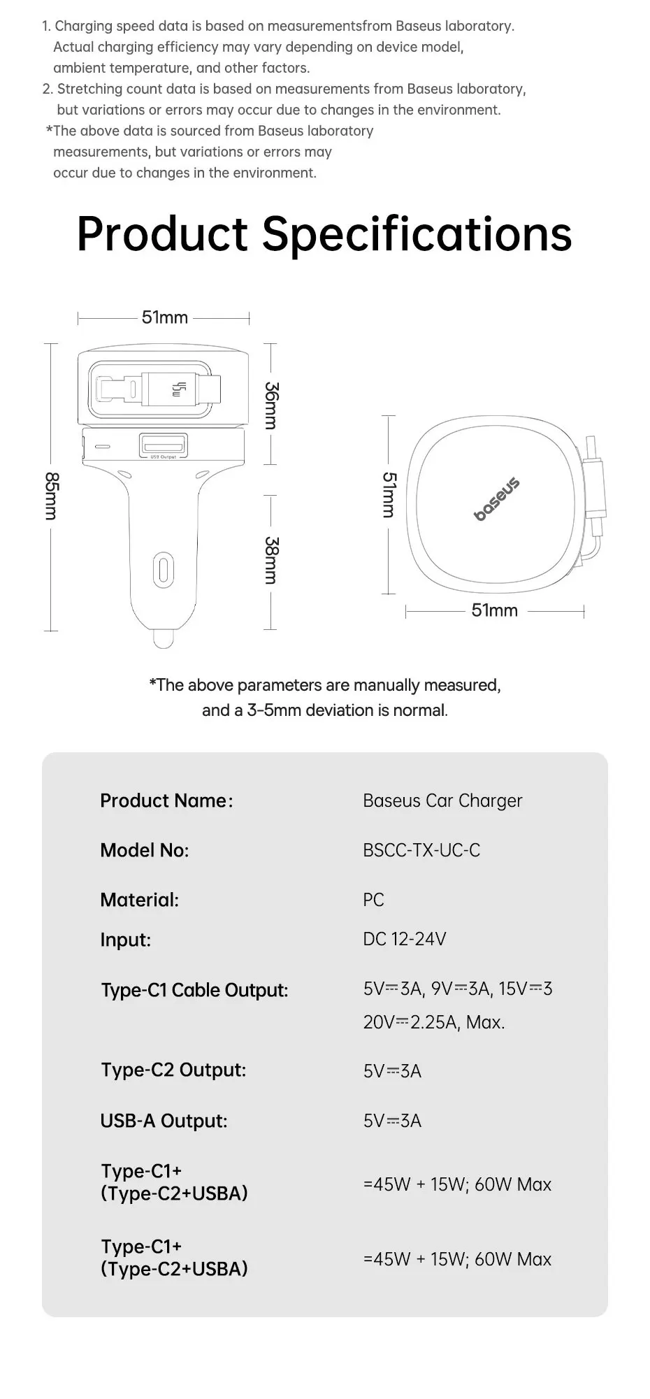 Baseus 60W Car Charger 45W Retractable Cable Fast Charging 3 Ports 180° Rotating Car Phone Charger For Laptop iPhone Samsung