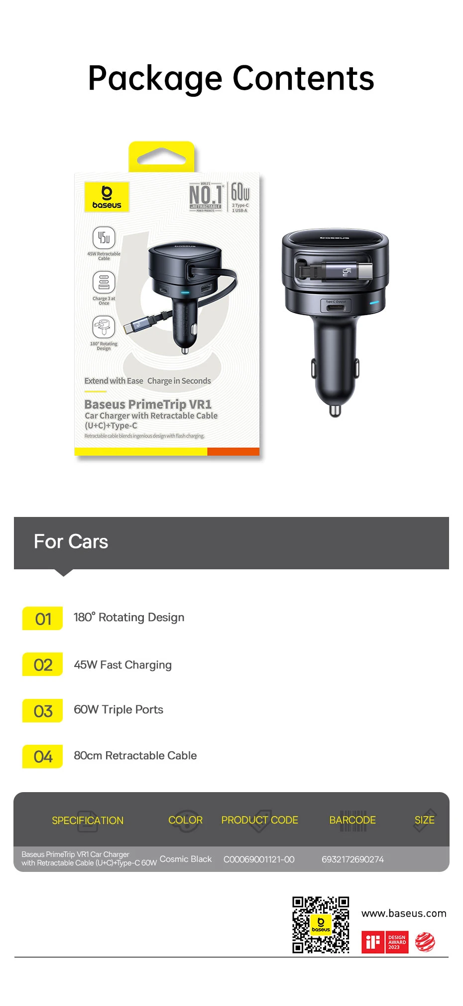 Baseus 60W Car Charger 45W Retractable Cable Fast Charging 3 Ports 180° Rotating Car Phone Charger For Laptop iPhone Samsung