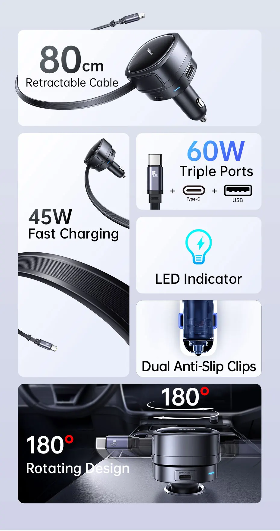 Baseus 60W Car Charger 45W Retractable Cable Fast Charging 3 Ports 180° Rotating Car Phone Charger For Laptop iPhone Samsung