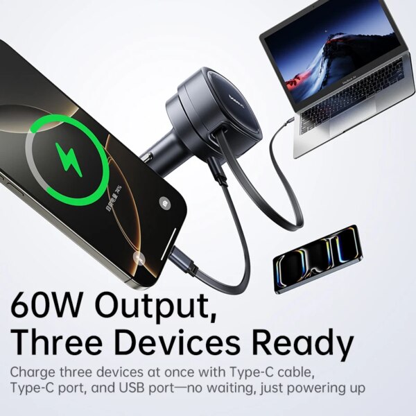 Baseus 60W Car Charger with 45W Retractable Cable 180° Rotating Fast Charger for Laptop iPhone Samsung - Image 6