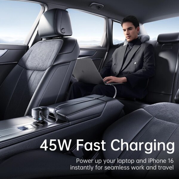 Baseus 60W Car Charger with 45W Retractable Cable 180° Rotating Fast Charger for Laptop iPhone Samsung - Image 3