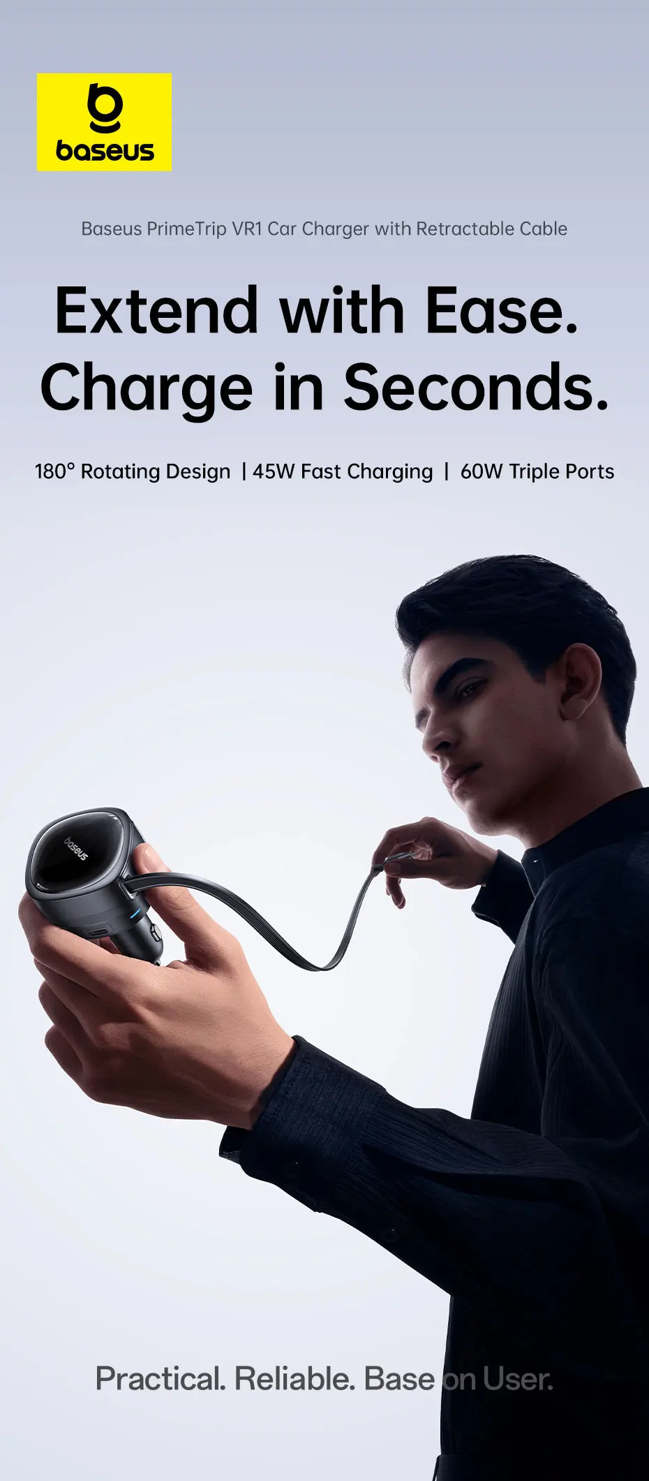 Baseus 60W Car Charger 45W Retractable Cable Fast Charging 3 Ports 180° Rotating Car Phone Charger For Laptop iPhone Samsung