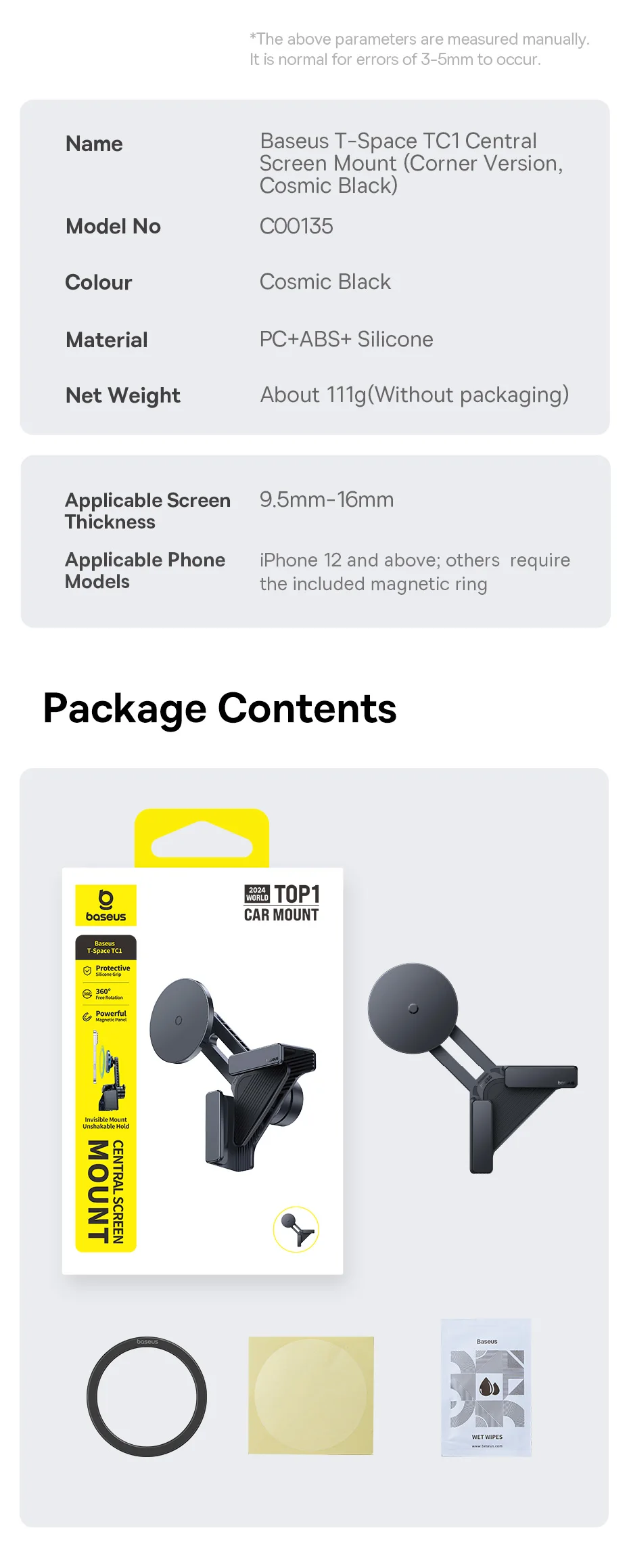 Baseus Car Central Screen Mount Corner Holder Magnetic Car Phone Holder Y Adjustable Car Mount for Tesla Model 3/Model BYD