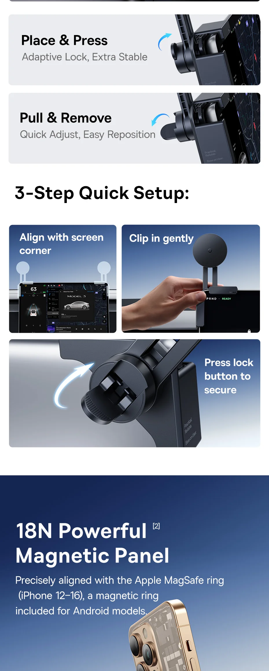 Baseus Car Central Screen Mount Corner Holder Magnetic Car Phone Holder Y Adjustable Car Mount for Tesla Model 3/Model BYD
