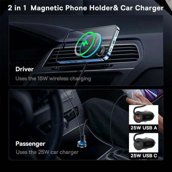 Baseus 40W Magnetic Car Charger Holder with Wireless Charging for iPhone 16 15 14 13 12 - Image 3