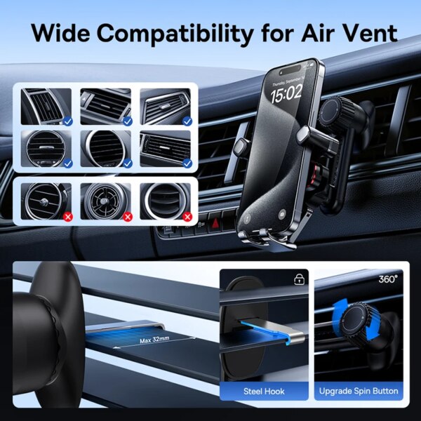 Baseus Auto Clamping Gravity Car Phone Holder Metal Air Vent Mount 360° Adjustable - Image 6