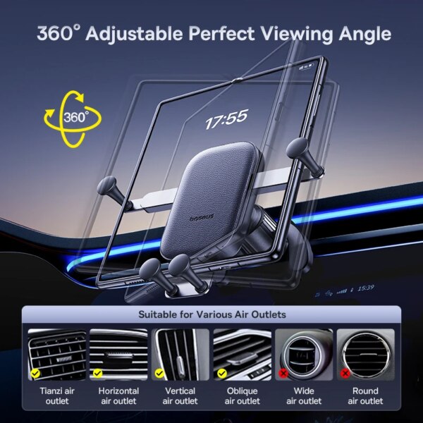 Baseus Car Phone Holder for Foldable Phones - 360° Rotatable Air Vent Mount for Samsung Z Fold, Huawei Mate X, iPad Mini - Image 3