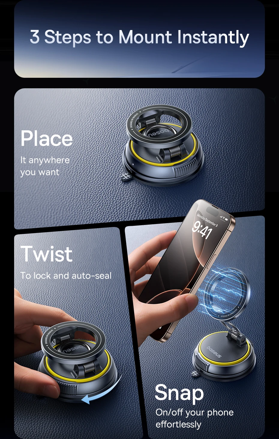 Baseus Vacuum Magnetic Car Phone Holder Mount 360° Rotation Stand Car Mount for iPhone Samsung Xiaomi Travel Holder Gym Stand