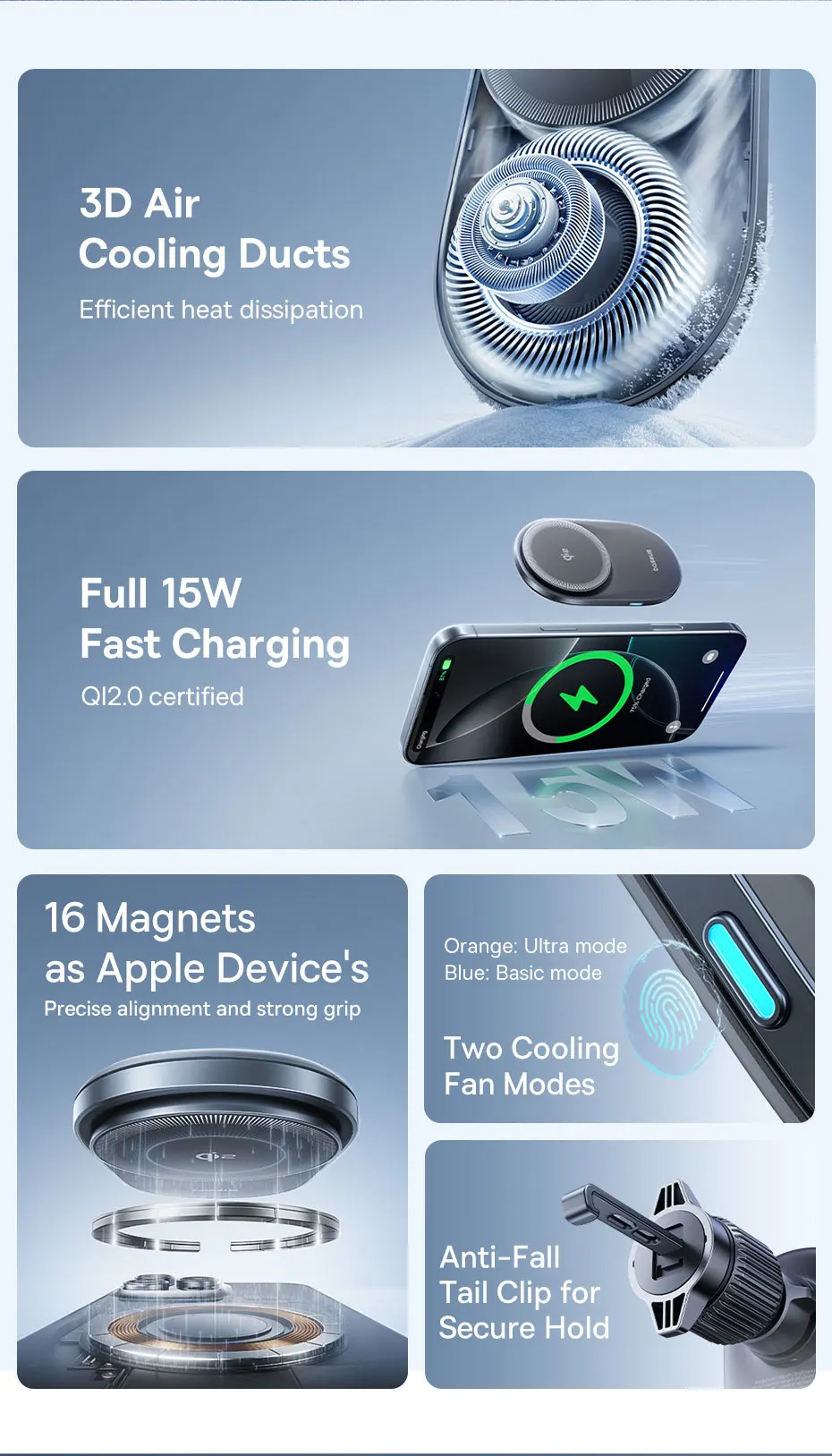 Baseus Qi2 15W Car Magnetic Wireless Charger For iPhone 16 15 14 Fast Charging For Samsung Xiaomi Car Phone Holder Cooling Fan