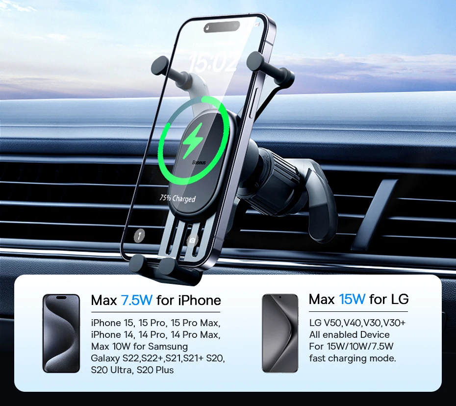 Baseus 15W Wireless Charger Car Phone Holder for iPhone Xiaomi Samsung Car Phone Stand Car Mount with Hook Clip Auto Locking