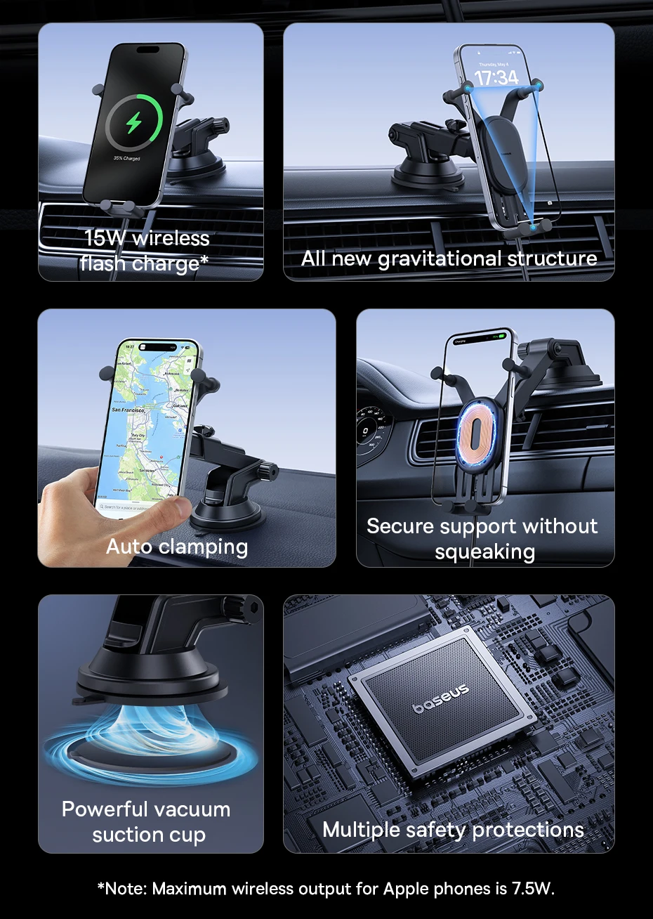 Baseus 15W Wireless Charger Car Phone Holder for iPhone Xiaomi Samsung Car Phone Stand Car Mount with Hook Clip Auto Locking