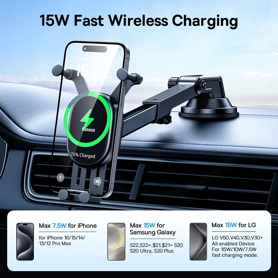Baseus 15W Wireless Charger Car Phone Holder for iPhone Xiaomi Samsung Car Phone Stand Car Mount with Hook Clip Auto Locking