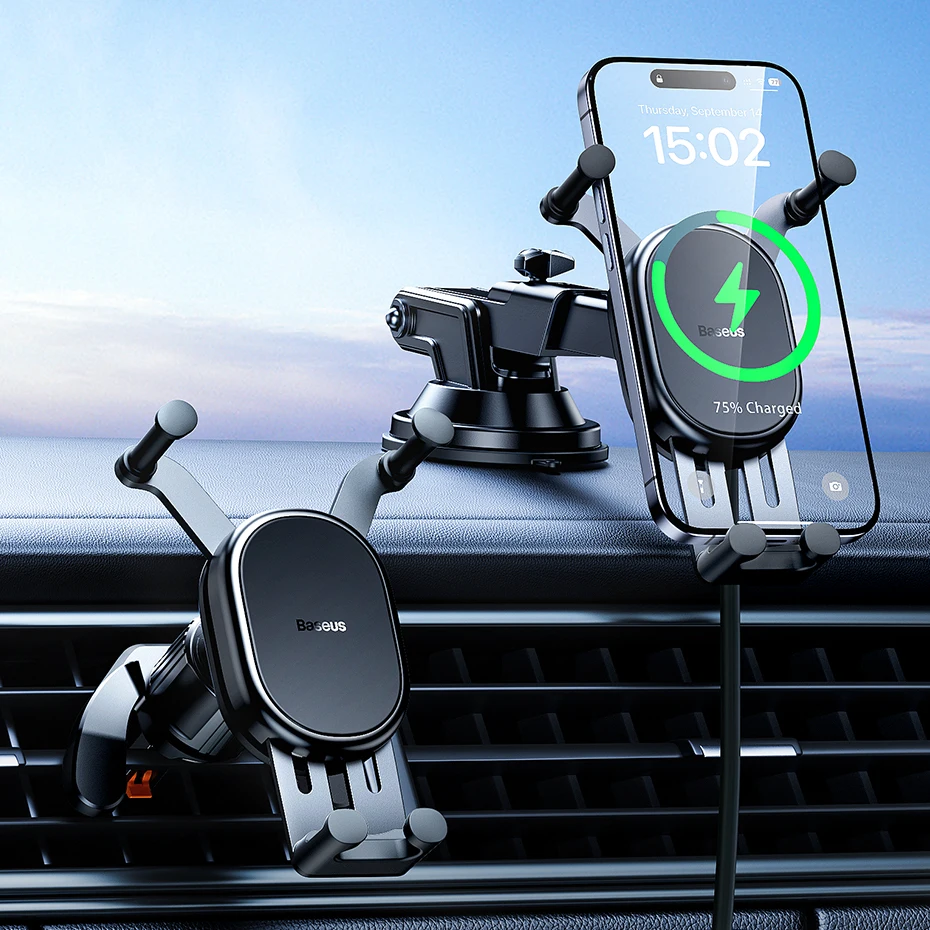 Baseus 15W Wireless Charger Car Phone Holder for iPhone Xiaomi Samsung Car Phone Stand Car Mount with Hook Clip Auto Locking