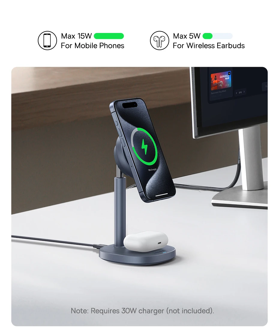 Baseus 2-in-1 Wireless Charger Qi2 15W Magnetic Wireless Charging Stand For iPhone 13 14 15 AirPods Pro
