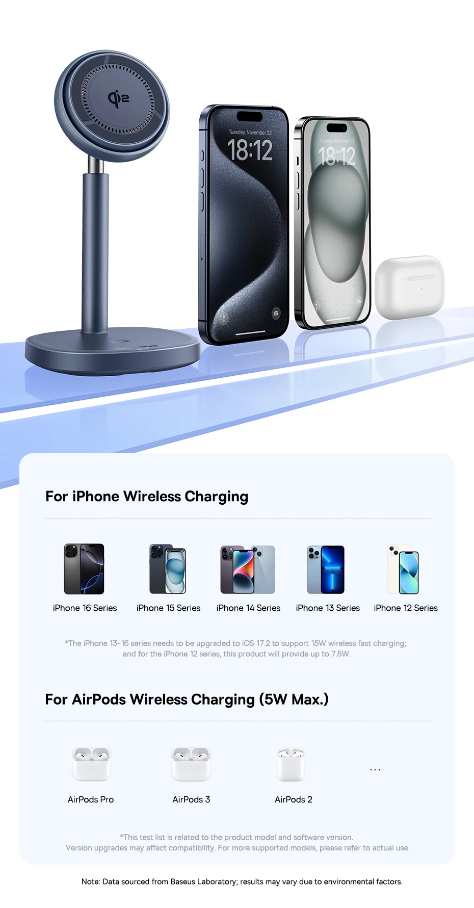 Baseus 2-in-1 Wireless Charger Qi2 15W Magnetic Wireless Charging Stand For iPhone 13 14 15 AirPods Pro