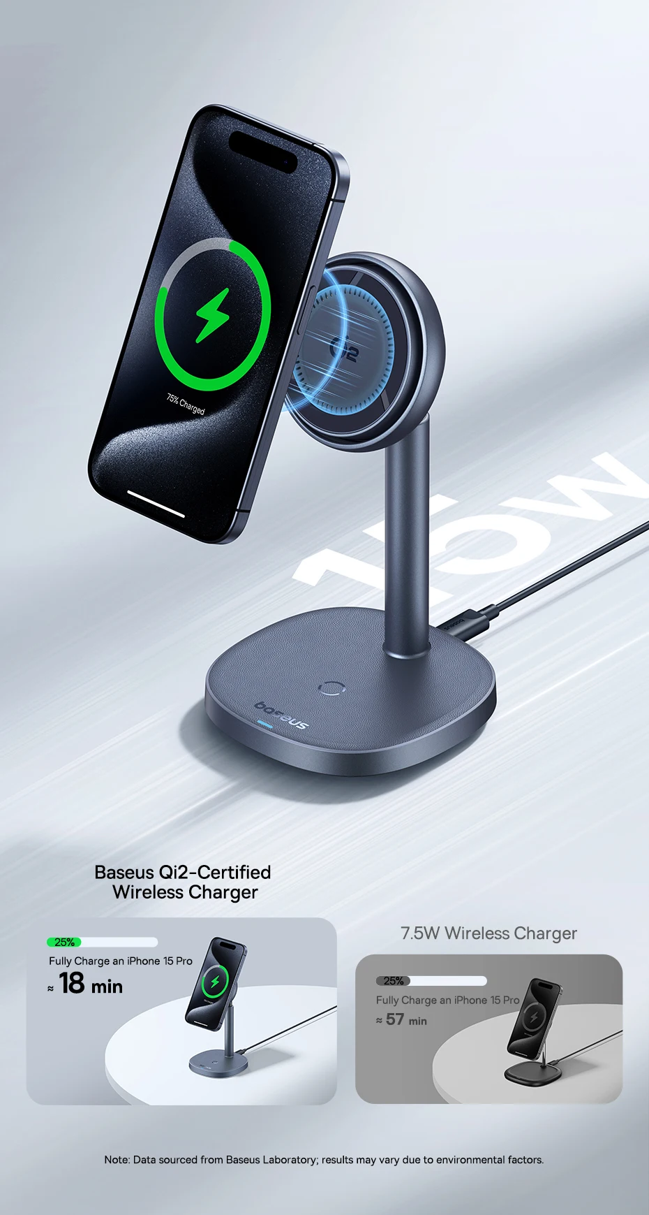 Baseus 2-in-1 Wireless Charger Qi2 15W Magnetic Wireless Charging Stand For iPhone 13 14 15 AirPods Pro