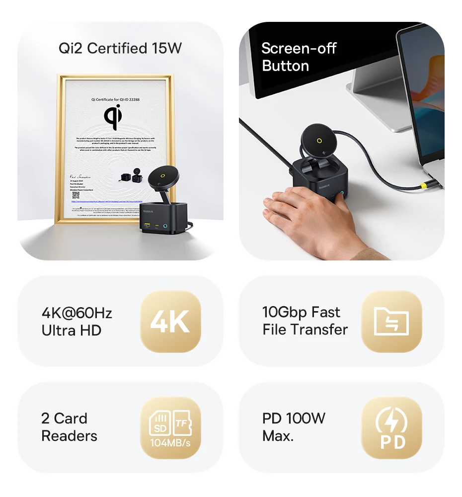 Baseus Magnetic Wireless Charger Qi2 15W for iPhone 16 15 Pro Max MagSafe Fast PD HUB HDMI 4K 60Hz USB 3.2 SD TF Phone Charger