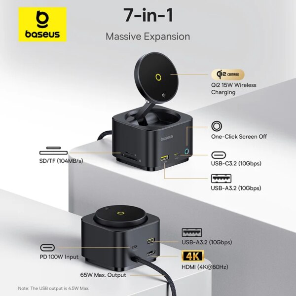 Baseus MagPro 7-in-1 Hub with Qi2 Magnetic Wireless Charger 15W, 4K HDMI, 10Gbps USB, 100W PD - Image 2