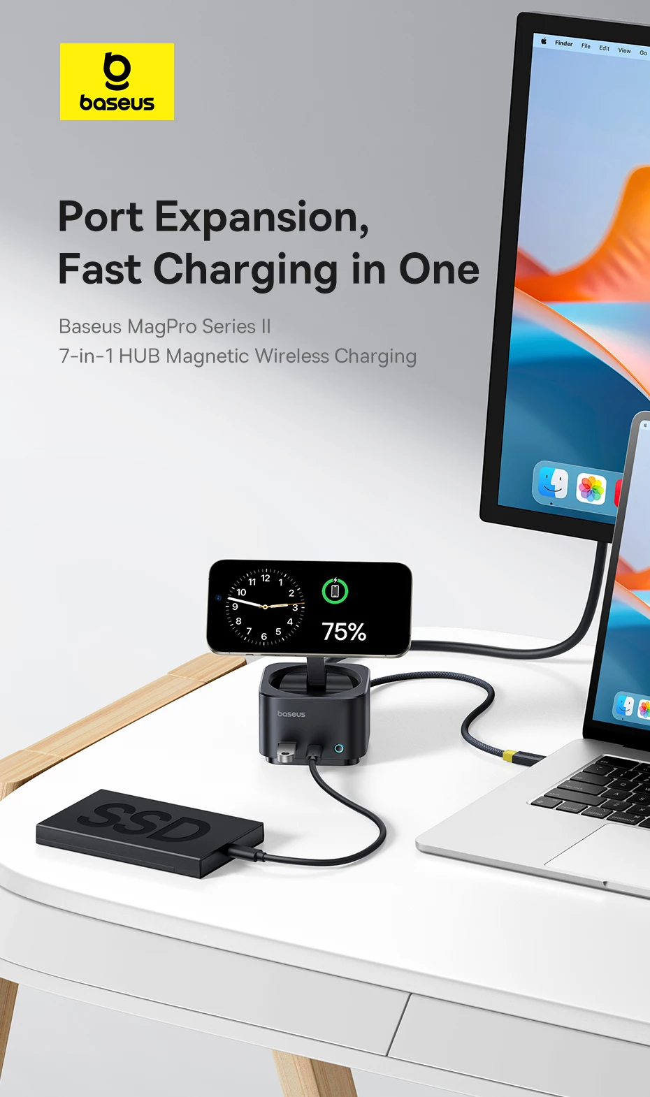 Baseus Magnetic Wireless Charger Qi2 15W for iPhone 16 15 Pro Max MagSafe Fast PD HUB HDMI 4K 60Hz USB 3.2 SD TF Phone Charger