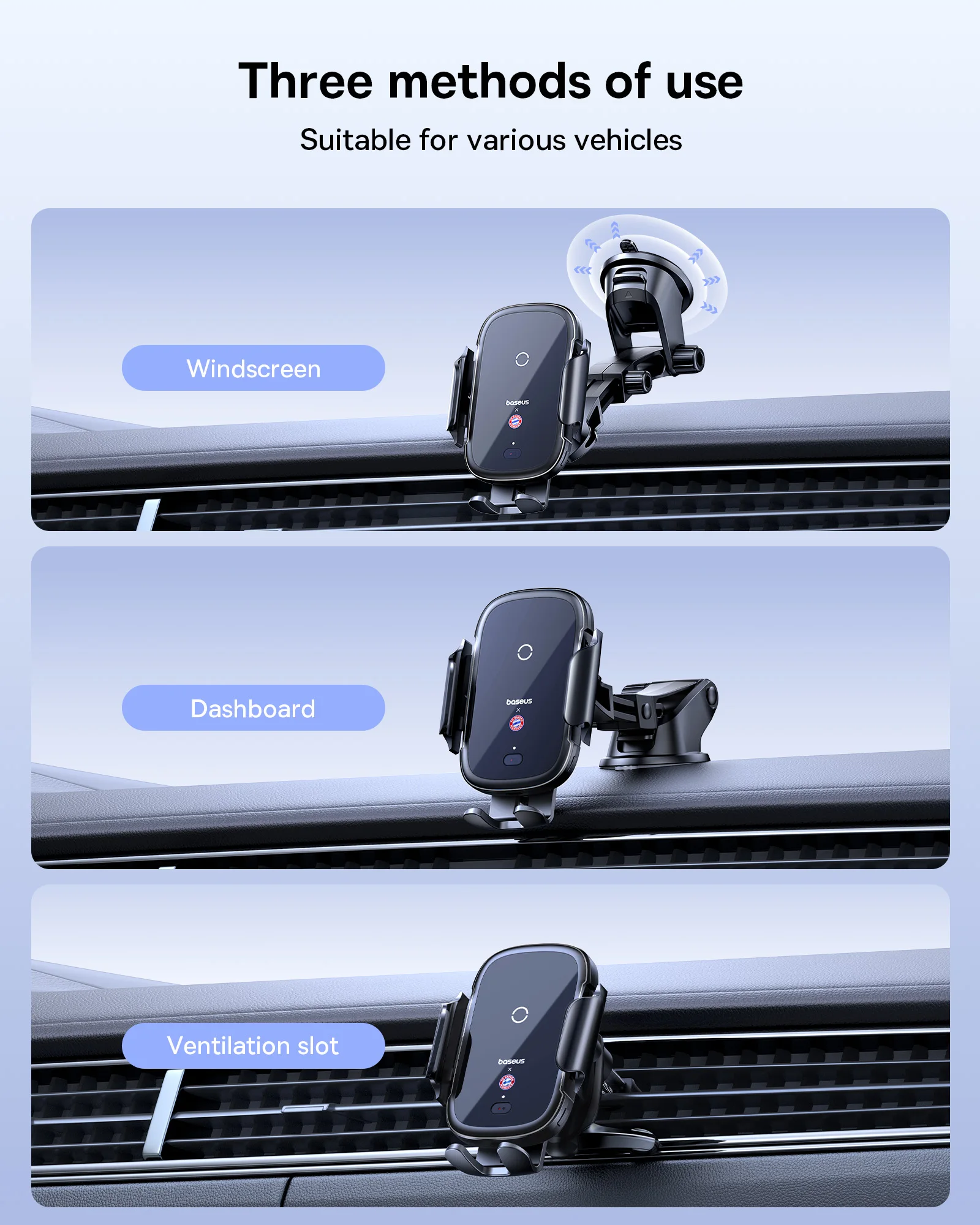 【Bayern Collaboration】Baseus 15W Car Wireless Charger for Xiaomi Samsung iPhone,Car Phone Holder Fast Charging Car Mount Charger