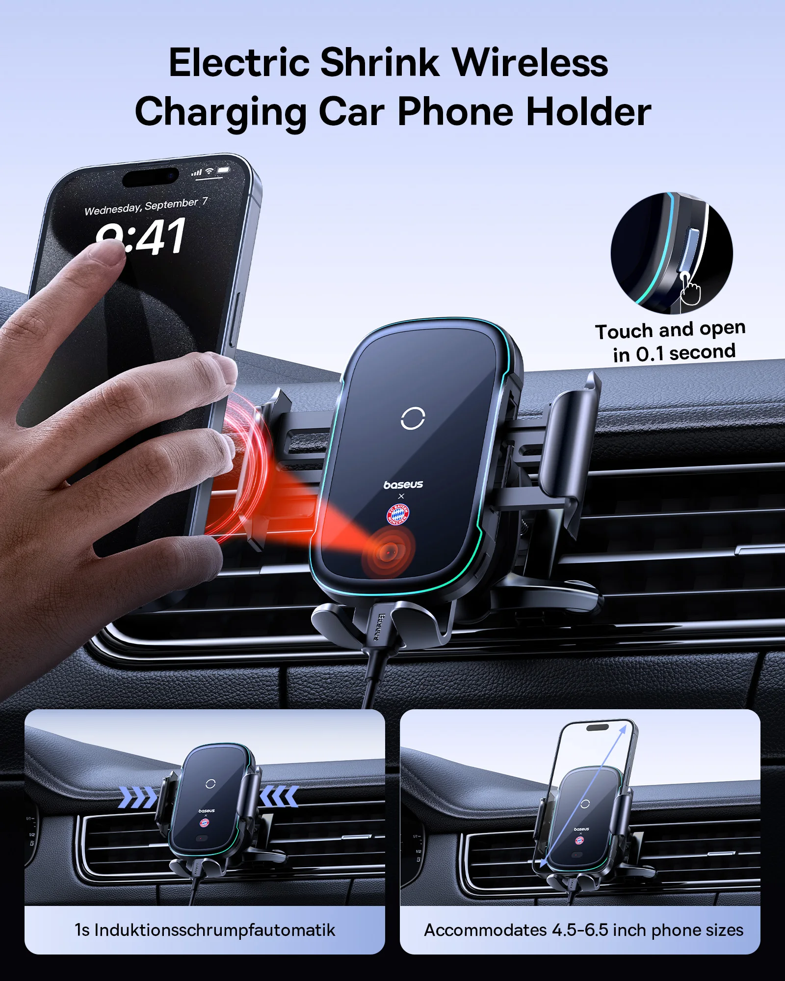 【Bayern Collaboration】Baseus 15W Car Wireless Charger for Xiaomi Samsung iPhone,Car Phone Holder Fast Charging Car Mount Charger