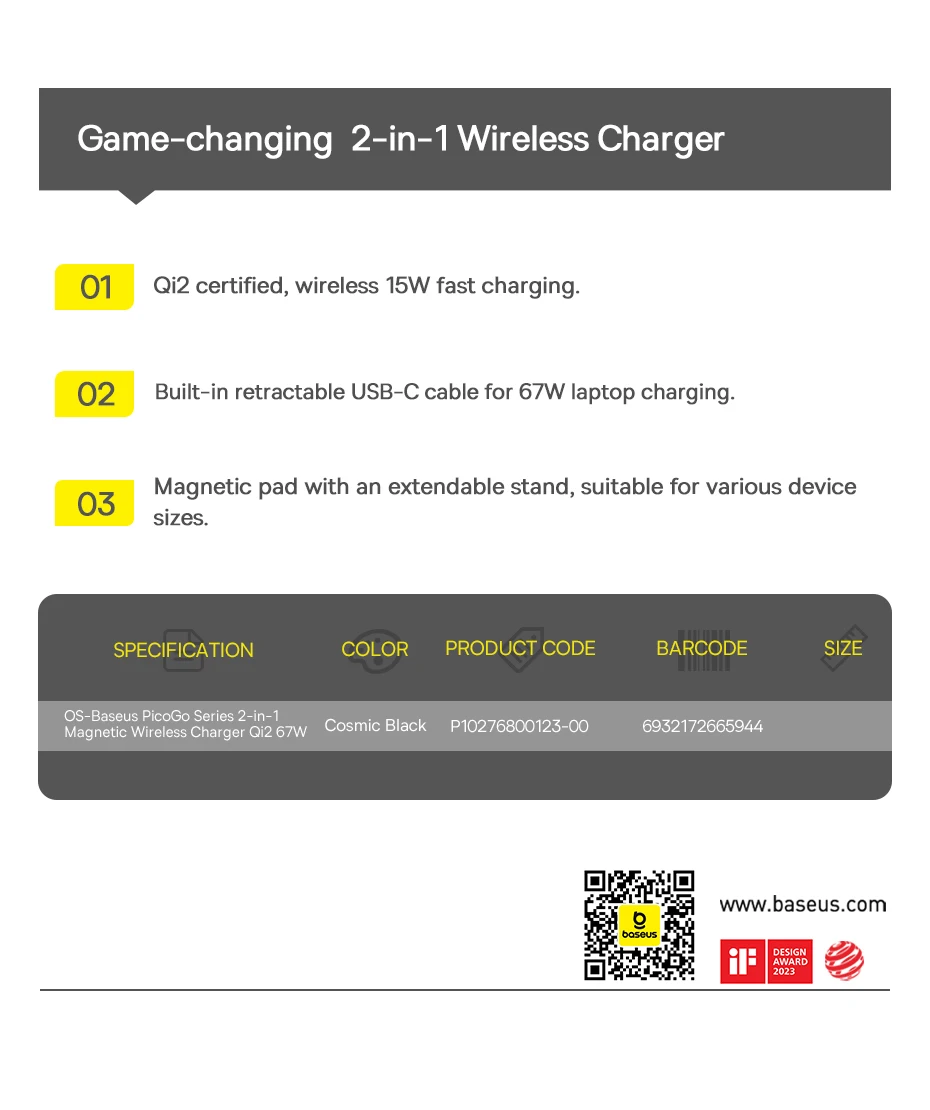Baseus Qi2 15W Magnetic Wireless Charger 67W 2-in-1 Phone Laptop Fast Charging Dock Station