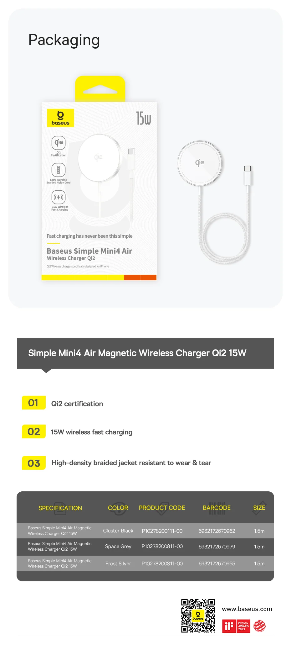 Baseus Qi2 15W Magnetic Wireless Charger Mini Fast Charging Phone Charger For iPhone 16 15 14 13 Pro Max