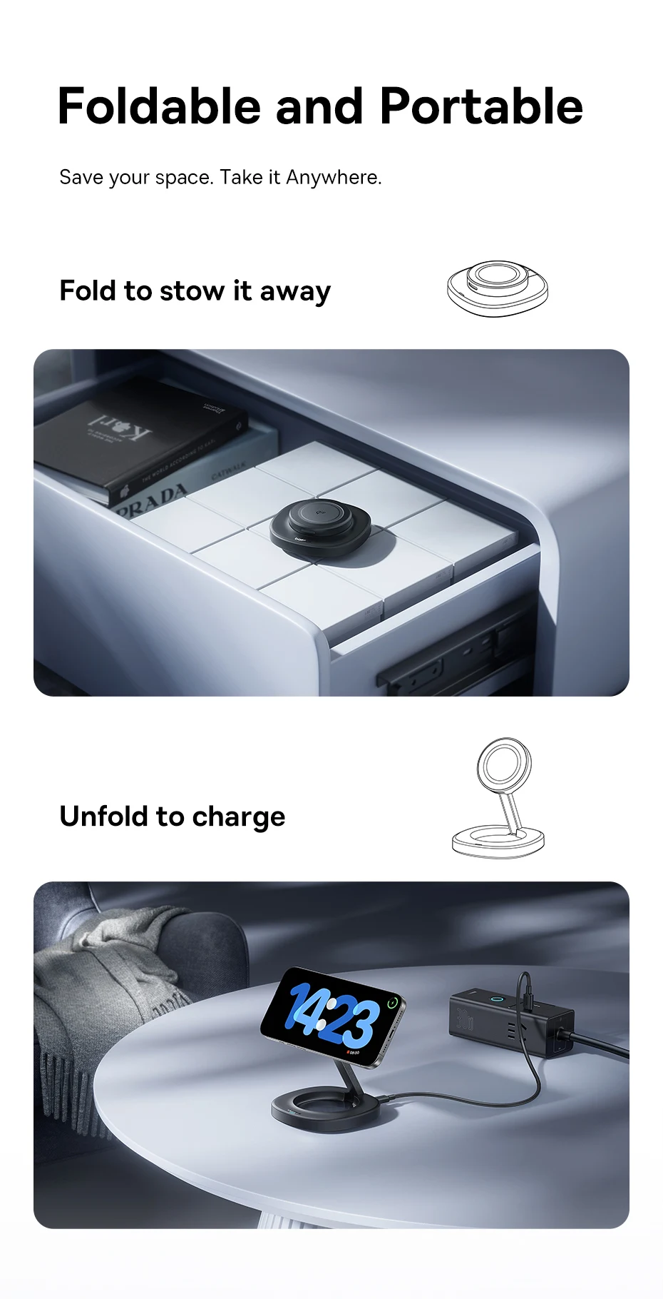 Baseus Qi2 15W Foldable Wireless Charger Stand Magnetic Adjustable Viewing Angle For iPhone 16 15 14 13 AirPods 2nd 3rd Gen Pro