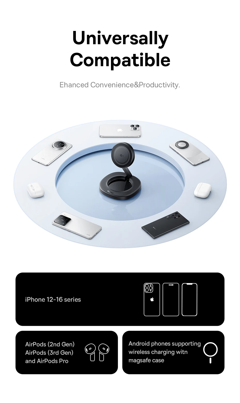Baseus Qi2 15W Foldable Wireless Charger Stand Magnetic Adjustable Viewing Angle For iPhone 16 15 14 13 AirPods 2nd 3rd Gen Pro