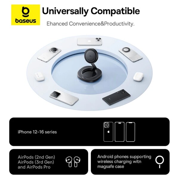 Baseus Qi2 15W Foldable Magnetic Wireless Charger Stand Adjustable Angle for iPhone 16 15 14 13 AirPods - Image 6