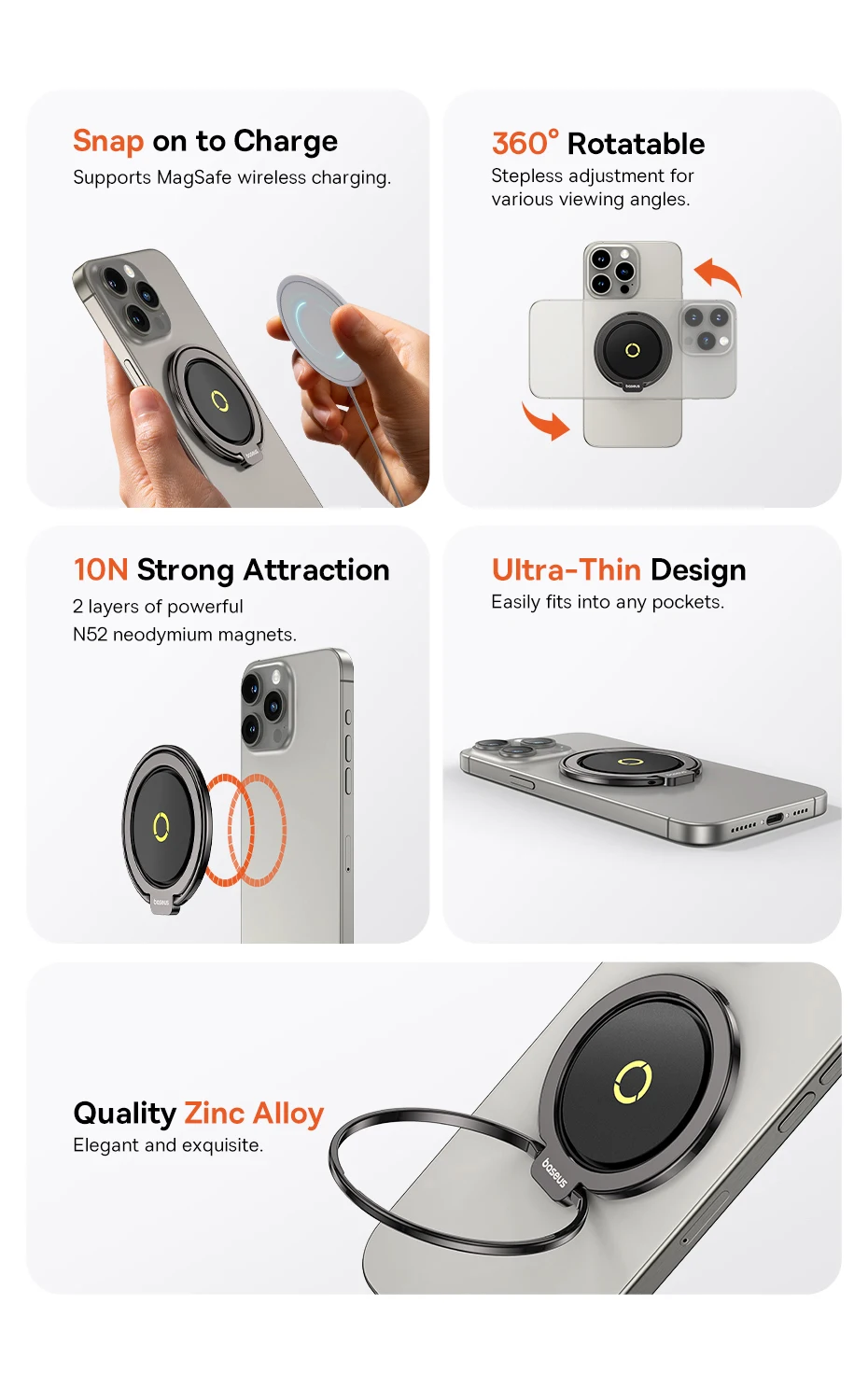 【New】Baseus Magnetic Ring Phone Holder Stand for MagSafe Wireless Charging for iPhone 16 15 14 Pro Max 360 Rotating Finger Stand