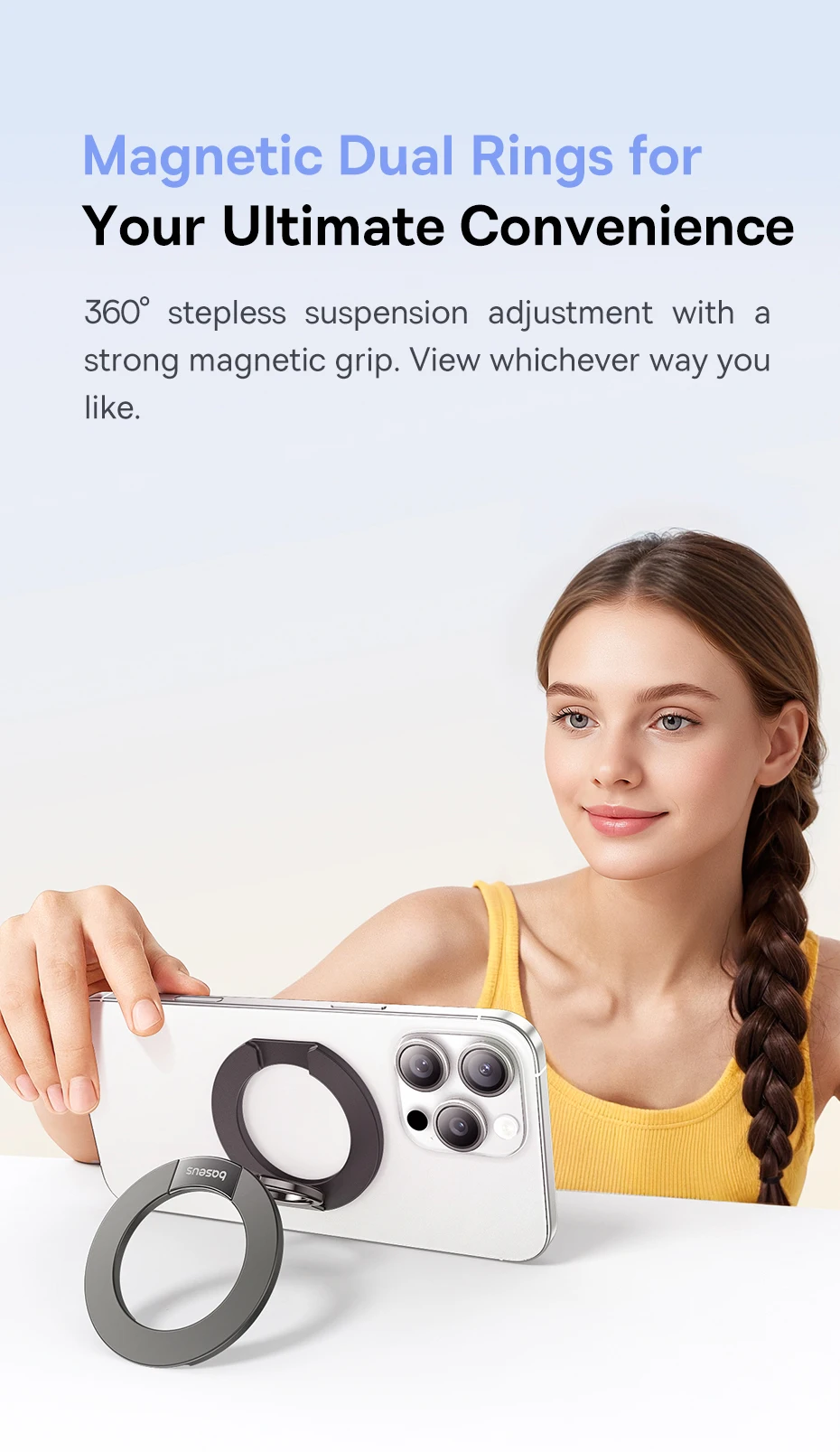 Baseus Magnetic Dual Ring Phone Holder for iPhone 16 15 Double Sided Magnetic Cellphone Grip Kickstand for Samsung Bracket Stand