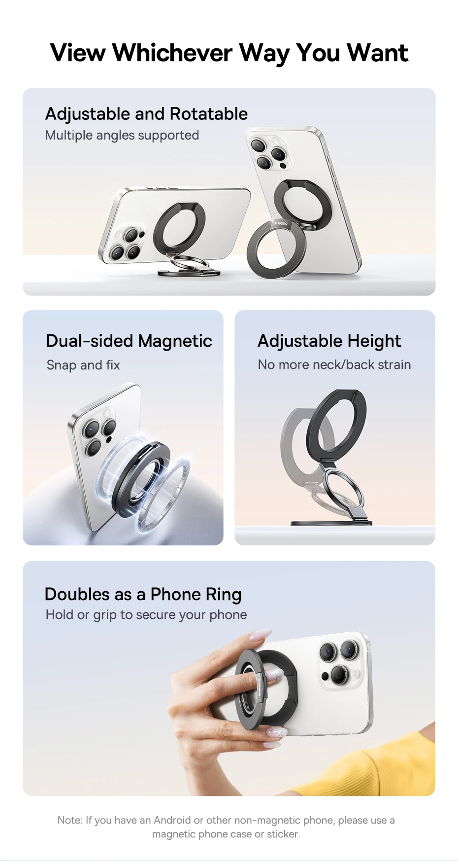 Baseus Magnetic Dual Ring Phone Holder for iPhone 16 15 Double Sided Magnetic Cellphone Grip Kickstand for Samsung Bracket Stand