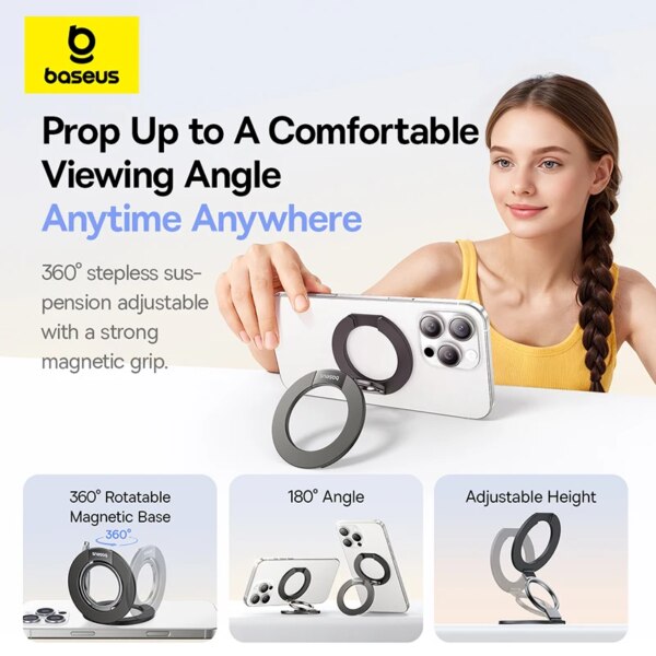 Baseus MagPro 3 Magnetic Dual-Ring Phone Stand Holder 360° Adjustable Grip Kickstand for iPhone Samsung - Image 3
