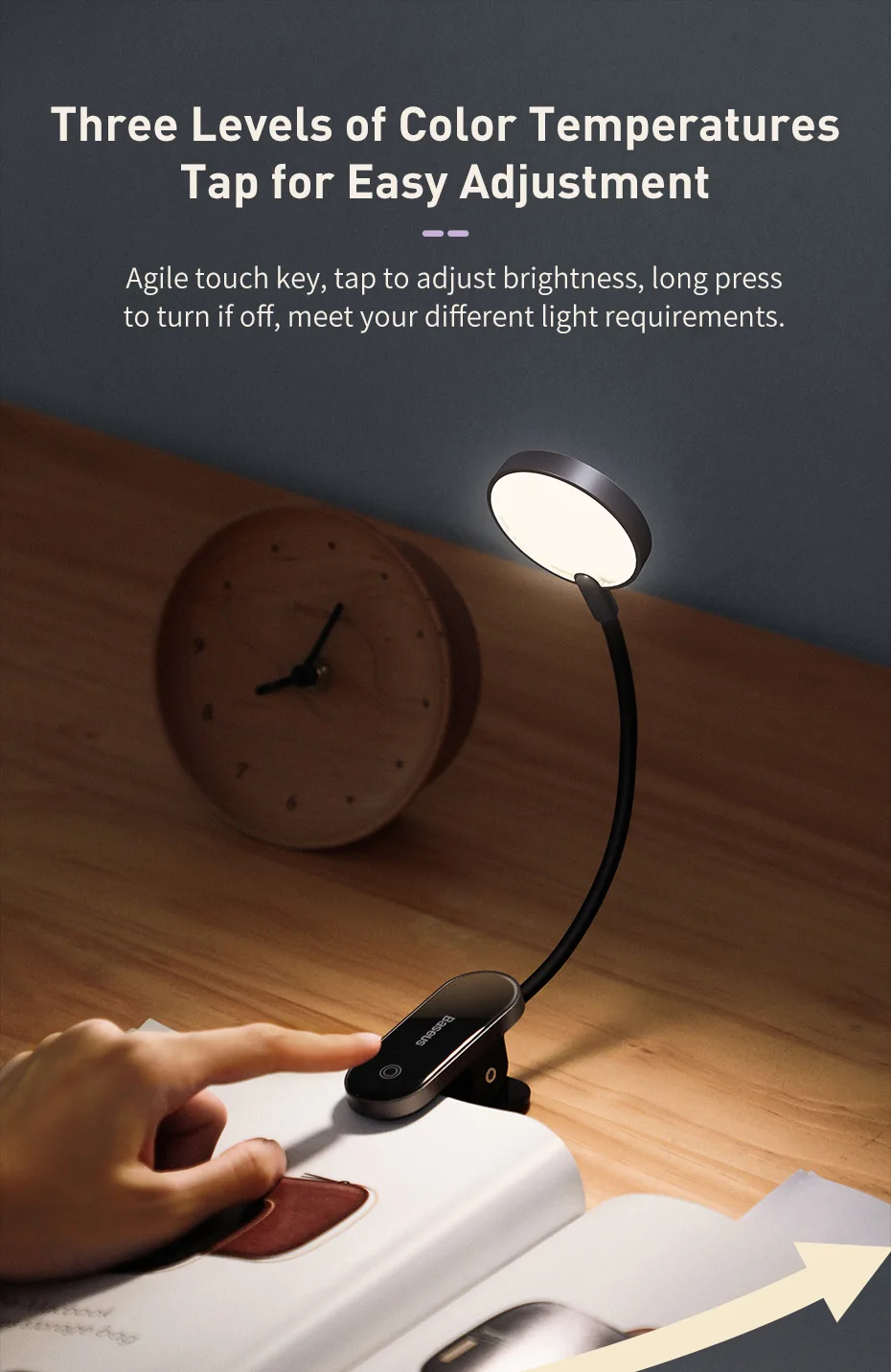 Baseus Portable Desk Lamp LED Mini Clip USB Rechargeable Table Lamp Stepless Dimming for Laptop Reading Bedside Soft Night Light