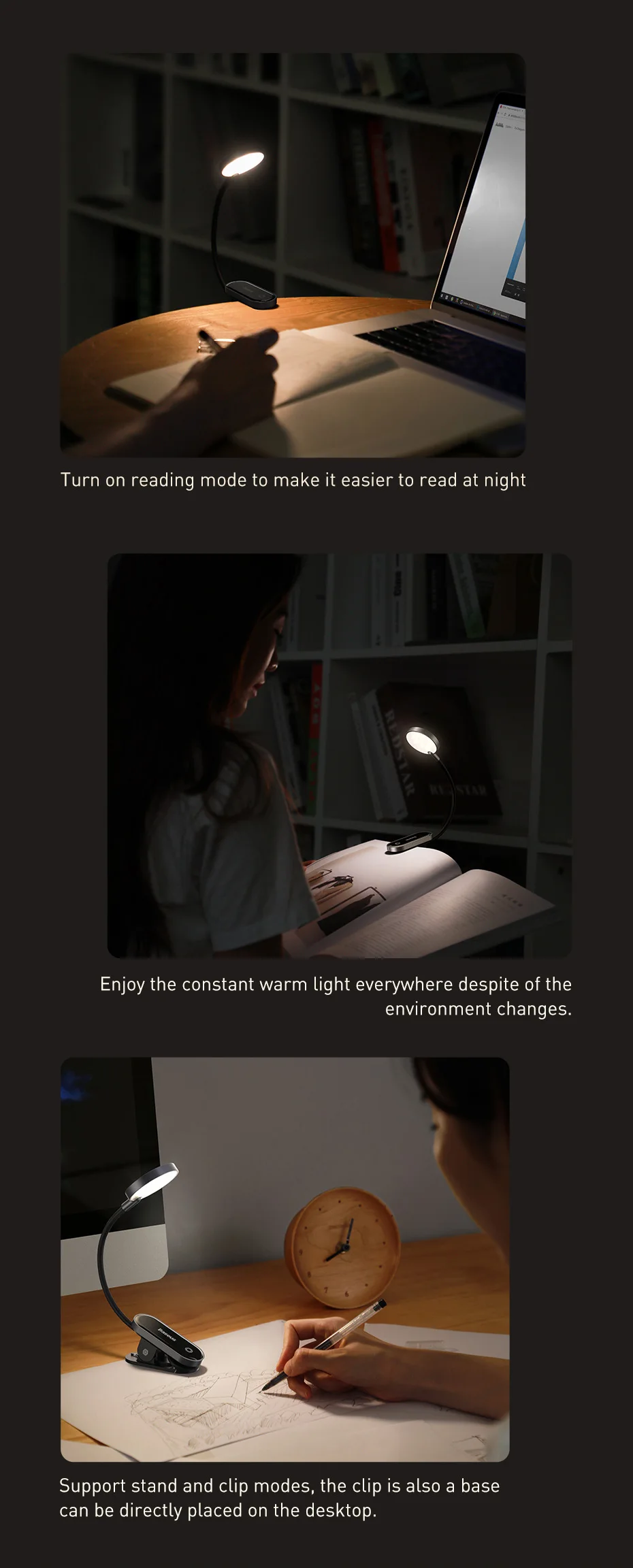 Baseus Portable Desk Lamp LED Mini Clip USB Rechargeable Table Lamp Stepless Dimming for Laptop Reading Bedside Soft Night Light